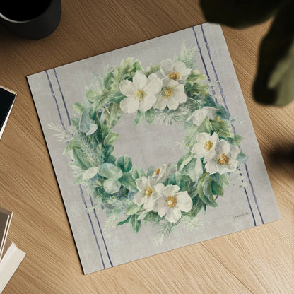 Floursack Holiday Wreath by Danhui Nai. Shown as a detailed flat fine art print, highlighting archival giclee quality. Available as an archival giclee rolled canvas, fine art paper, or poster print. SKU 59718a.