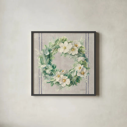Floursack Holiday Wreath by Danhui Nai. Shown in a sleek black glass frame for a contemporary gallery look. Available as an archival giclee rolled canvas, fine art paper, or poster print. SKU 59718a.