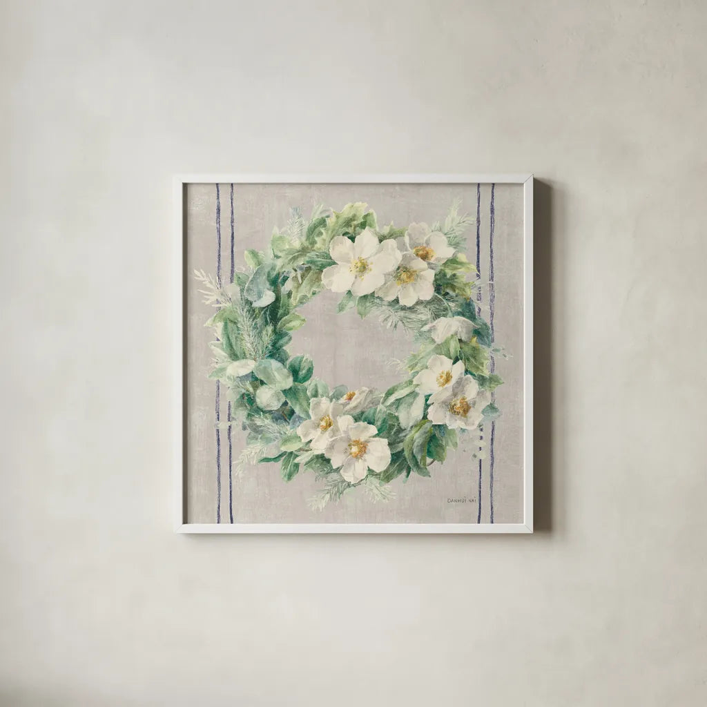 Floursack Holiday Wreath by Danhui Nai. Shown in a crisp white glass frame for a clean and minimalist style. Available as an archival giclee rolled canvas, fine art paper, or poster print. SKU 59718a.