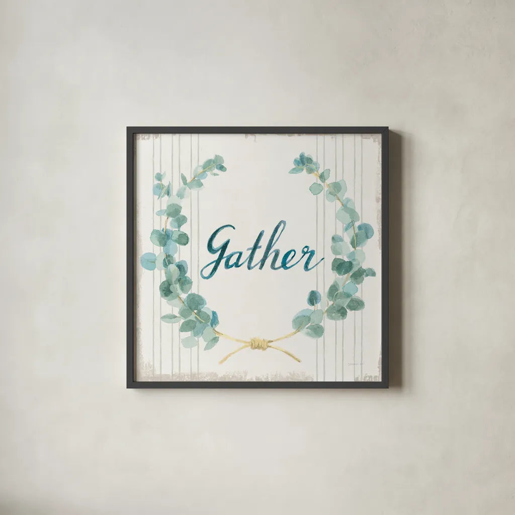 Floursack Home IX Gather Sage by Danhui Nai. Shown in a sleek black glass frame for a contemporary gallery look. Available as an archival giclee rolled canvas, fine art paper, or poster print. SKU 63067a.