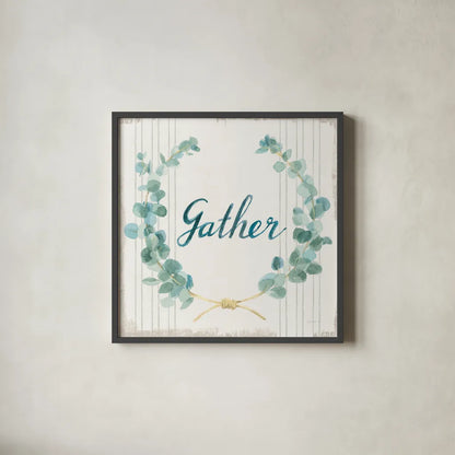 Floursack Home IX Gather Sage by Danhui Nai. Shown in a sleek black glass frame for a contemporary gallery look. Available as an archival giclee rolled canvas, fine art paper, or poster print. SKU 63067a.