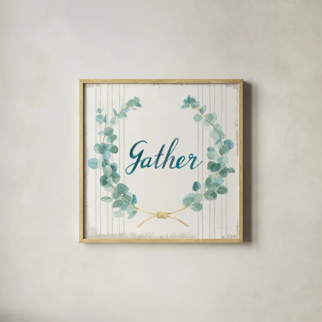 Floursack Home IX Gather Sage by Danhui Nai. Shown in a natural wood glass frame for a timeless modern aesthetic. Available as an archival giclee rolled canvas, fine art paper, or poster print. SKU 63067a.