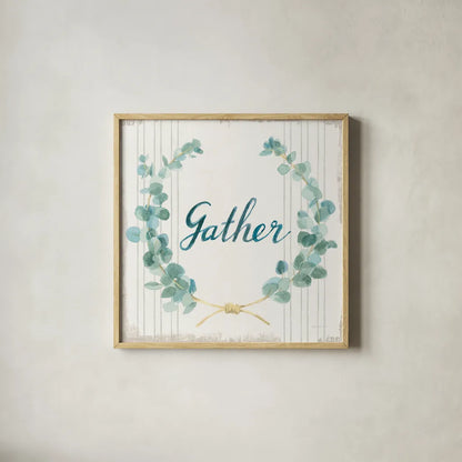 Floursack Home IX Gather Sage by Danhui Nai. Shown in a natural wood glass frame for a timeless modern aesthetic. Available as an archival giclee rolled canvas, fine art paper, or poster print. SKU 63067a.