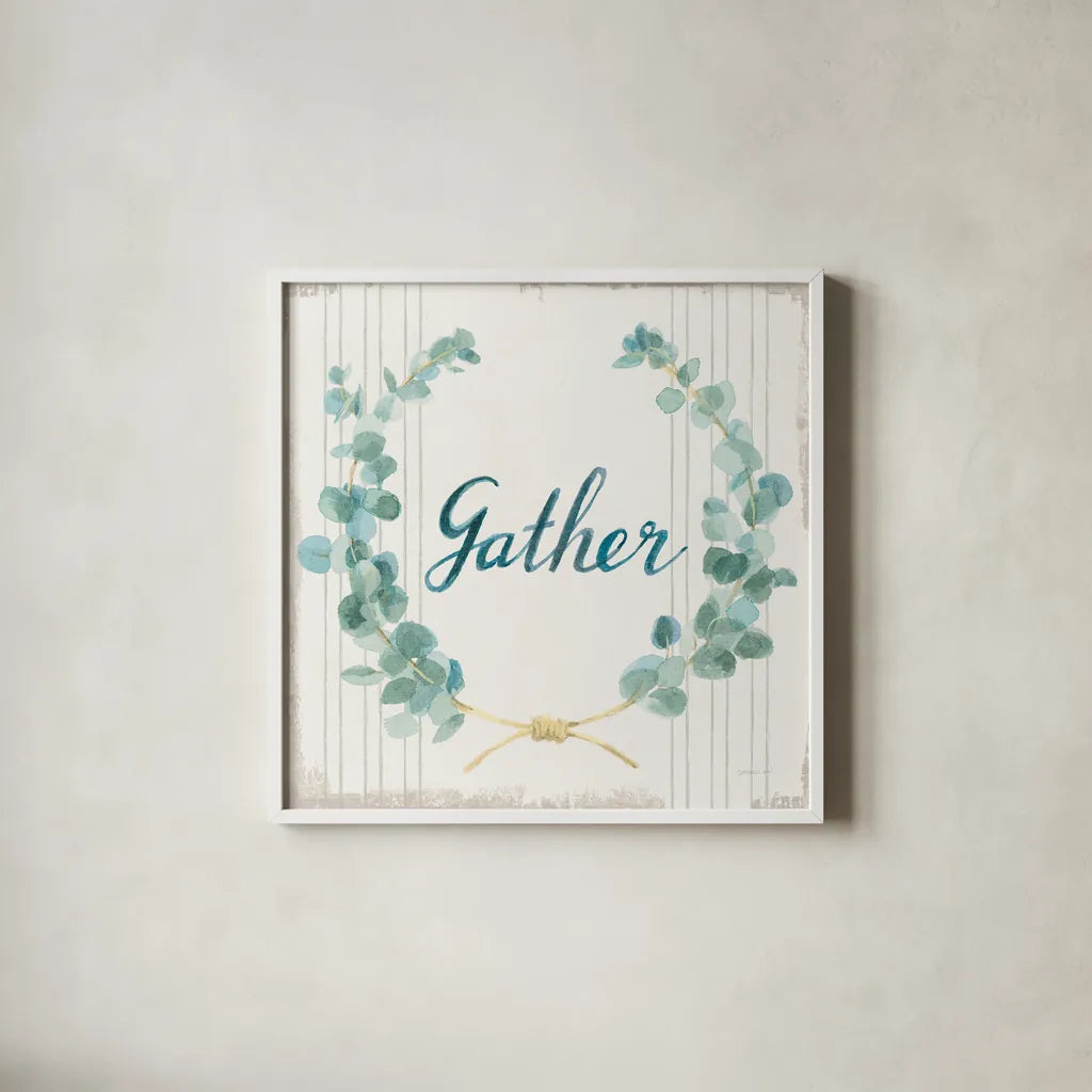 Floursack Home IX Gather Sage by Danhui Nai. Shown in a crisp white glass frame for a clean and minimalist style. Available as an archival giclee rolled canvas, fine art paper, or poster print. SKU 63067a.