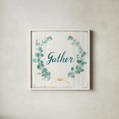 Floursack Home IX Gather Sage by Danhui Nai. Shown in a crisp white glass frame for a clean and minimalist style. Available as an archival giclee rolled canvas, fine art paper, or poster print. SKU 63067a.