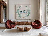 Floursack Home IX Gather Sage by Danhui Nai. Shown as extra-large giant wall art in a modern living room. Available as an archival giclee rolled canvas, fine art paper, or poster print. SKU 63067a.