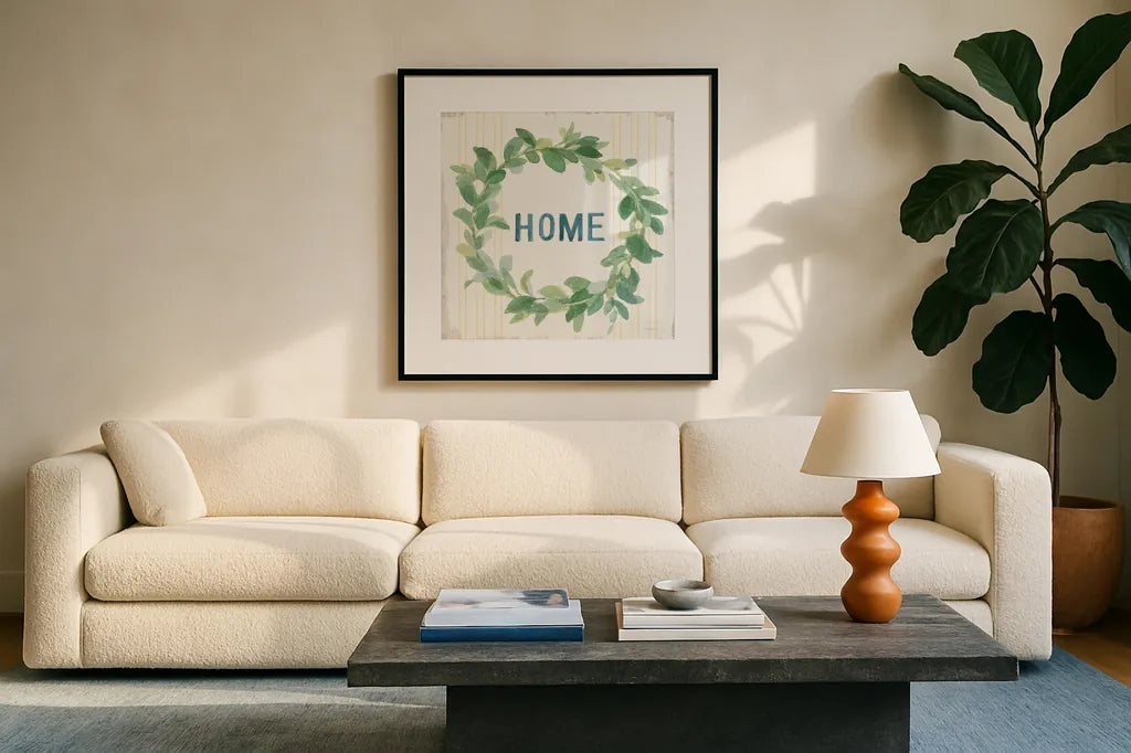 Floursack Home VII by Danhui Nai. Displayed in a glass frame with matte in a clean modern living room. Available as an archival giclee rolled canvas, fine art paper, or poster print. SKU 56546a.