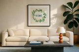 Floursack Home VII by Danhui Nai. Displayed in a glass frame with matte in a clean modern living room. Available as an archival giclee rolled canvas, fine art paper, or poster print. SKU 56546a.
