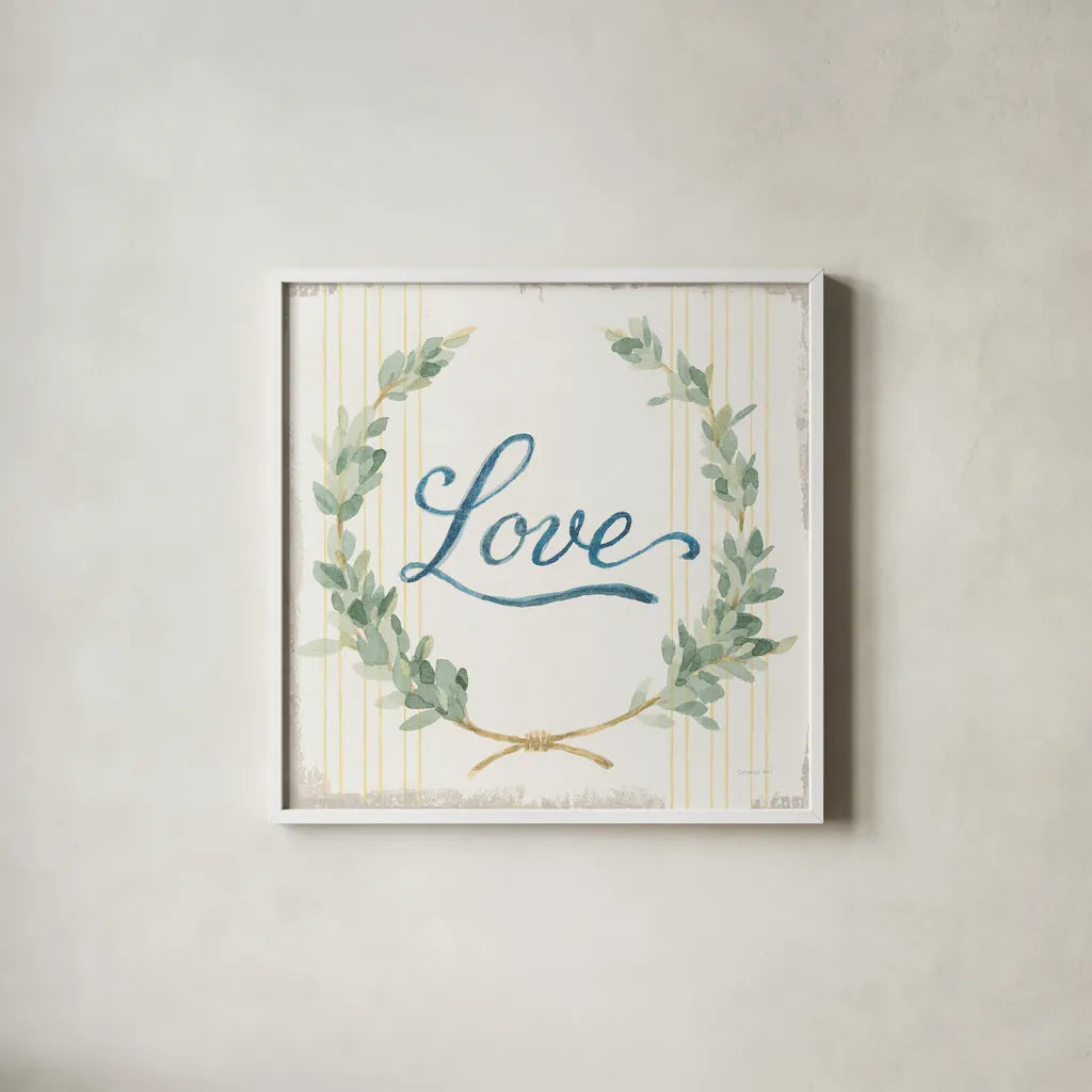 Floursack Home VIII by Danhui Nai. Shown in a crisp white glass frame for a clean and minimalist style. Available as an archival giclee rolled canvas, fine art paper, or poster print. SKU 56547a.