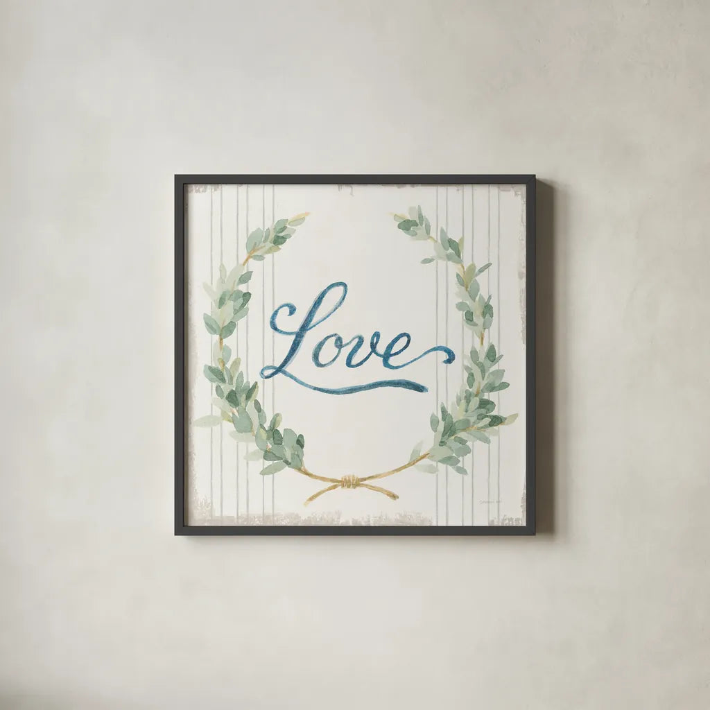 Floursack Home VIII Sage by Danhui Nai. Shown in a sleek black glass frame for a contemporary gallery look. Available as an archival giclee rolled canvas, fine art paper, or poster print. SKU 63066a.