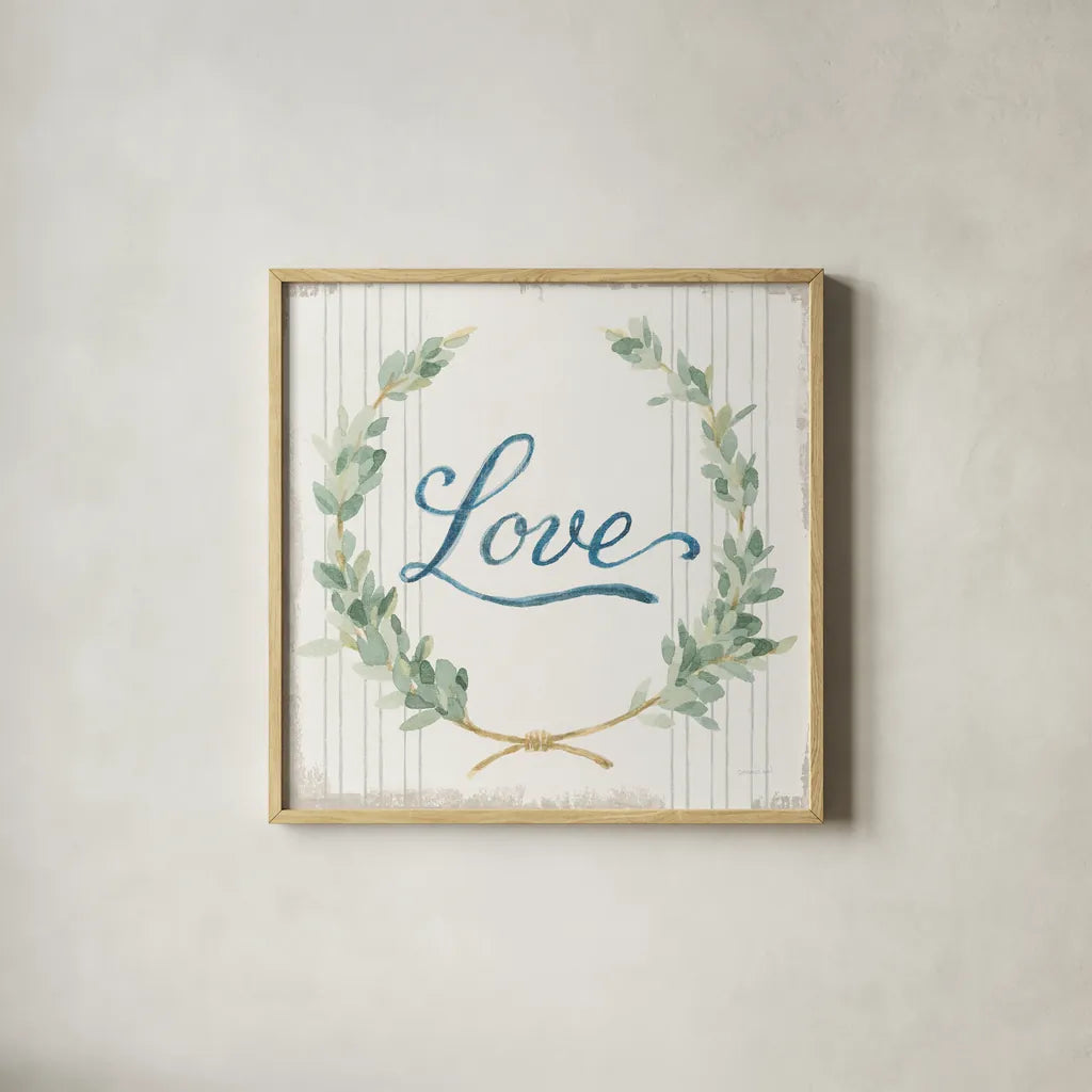 Floursack Home VIII Sage by Danhui Nai. Shown in a natural wood glass frame for a timeless modern aesthetic. Available as an archival giclee rolled canvas, fine art paper, or poster print. SKU 63066a.