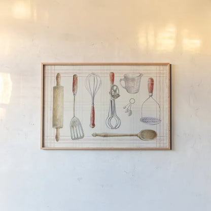 Floursack Kitchen IX by Danhui Nai. shown as a paper print in a natural frame. Available as a archival giclee rolled canvas, fine art paper, or poster print. SKU 53291i.