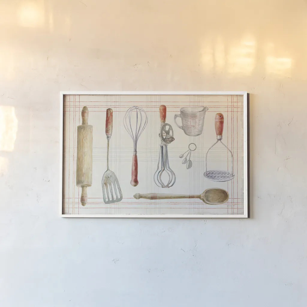 Floursack Kitchen IX by Danhui Nai. shown as a paper print in a white frame. Available as a archival giclee rolled canvas, fine art paper, or poster print. SKU 53291i.