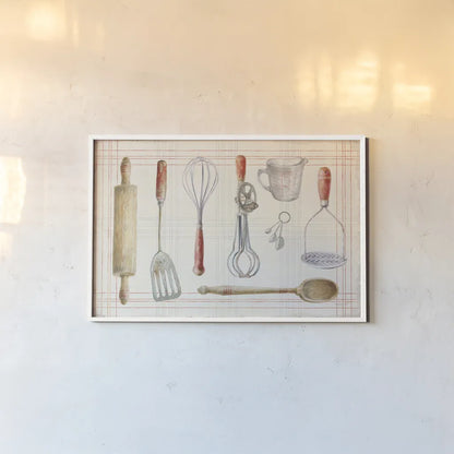 Floursack Kitchen IX by Danhui Nai. shown as a paper print in a white frame. Available as a archival giclee rolled canvas, fine art paper, or poster print. SKU 53291i.