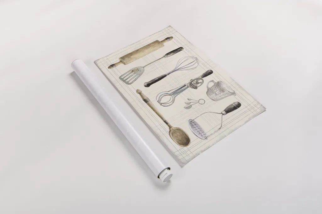 Floursack Kitchen IX Dark by Danhui Nai. shown as a rolled paper print. Available as archival giclee rolled canvas, fine art paper, or poster print. SKU 69608i.