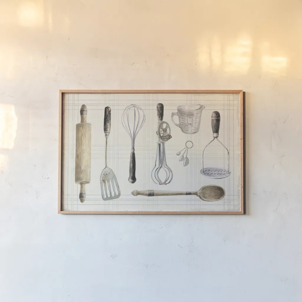 Floursack Kitchen IX Dark by Danhui Nai. shown as a paper print in a natural frame. Available as a archival giclee rolled canvas, fine art paper, or poster print. SKU 69608i.