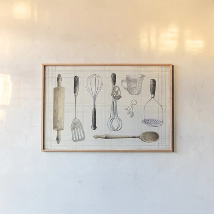 Floursack Kitchen IX Dark by Danhui Nai. shown as a paper print in a natural frame. Available as a archival giclee rolled canvas, fine art paper, or poster print. SKU 69608i.