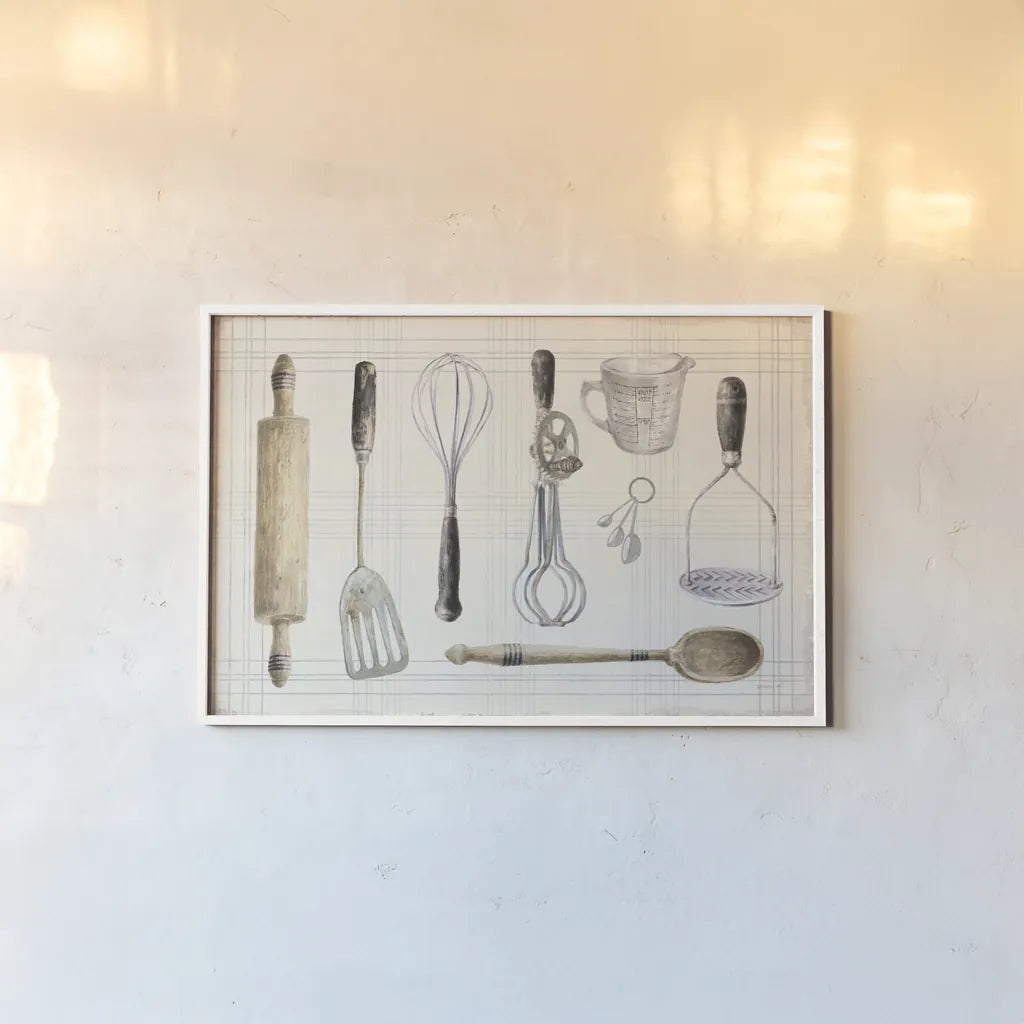 Floursack Kitchen IX Dark by Danhui Nai. shown as a paper print in a white frame. Available as a archival giclee rolled canvas, fine art paper, or poster print. SKU 69608i.