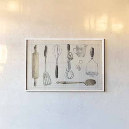 Floursack Kitchen IX Dark by Danhui Nai. shown as a paper print in a white frame. Available as a archival giclee rolled canvas, fine art paper, or poster print. SKU 69608i.