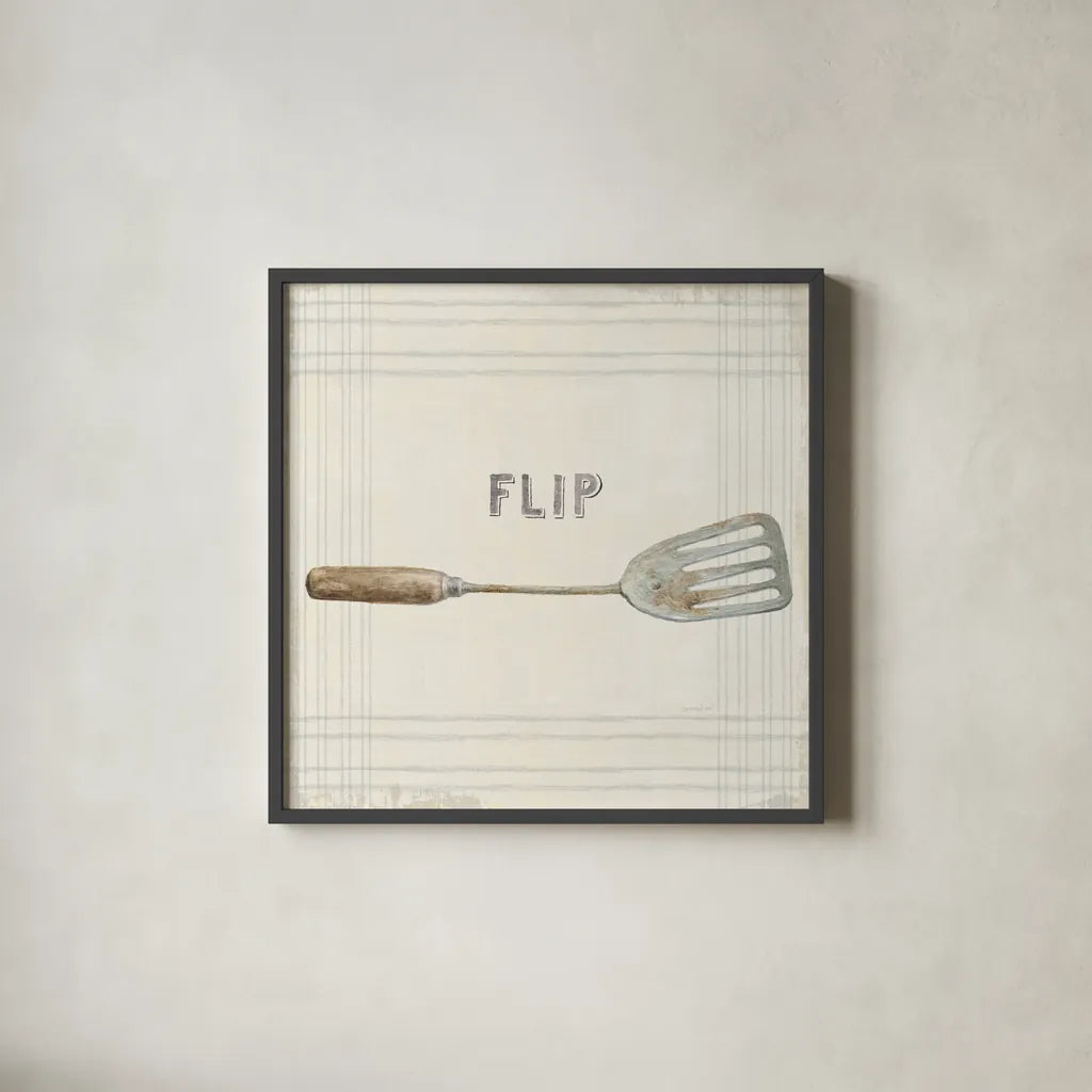 Floursack Kitchen Sign I Neutral Sq by Danhui Nai. Shown in a sleek black glass frame for a contemporary gallery look. Available as an archival giclee rolled canvas, fine art paper, or poster print. SKU 53379a.