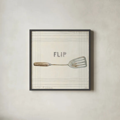 Floursack Kitchen Sign I Neutral Sq by Danhui Nai. Shown in a sleek black glass frame for a contemporary gallery look. Available as an archival giclee rolled canvas, fine art paper, or poster print. SKU 53379a.