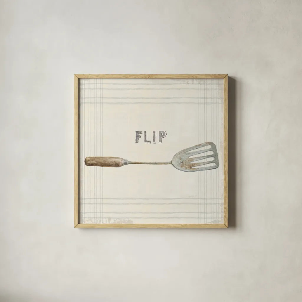 Floursack Kitchen Sign I Neutral Sq by Danhui Nai. Shown in a natural wood glass frame for a timeless modern aesthetic. Available as an archival giclee rolled canvas, fine art paper, or poster print. SKU 53379a.