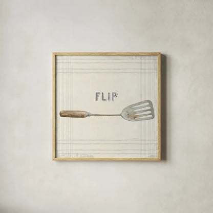 Floursack Kitchen Sign I Neutral Sq by Danhui Nai. Shown in a natural wood glass frame for a timeless modern aesthetic. Available as an archival giclee rolled canvas, fine art paper, or poster print. SKU 53379a.