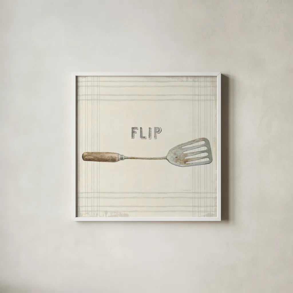 Floursack Kitchen Sign I Neutral Sq by Danhui Nai. Shown in a crisp white glass frame for a clean and minimalist style. Available as an archival giclee rolled canvas, fine art paper, or poster print. SKU 53379a.