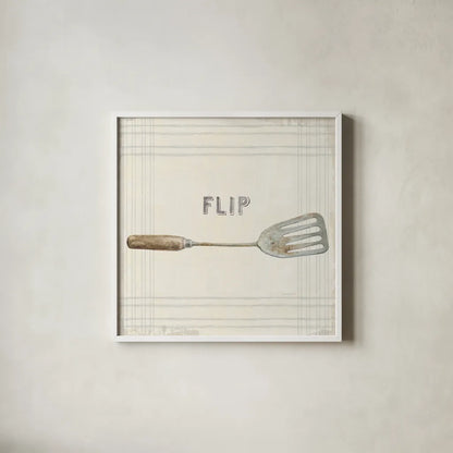 Floursack Kitchen Sign I Neutral Sq by Danhui Nai. Shown in a crisp white glass frame for a clean and minimalist style. Available as an archival giclee rolled canvas, fine art paper, or poster print. SKU 53379a.