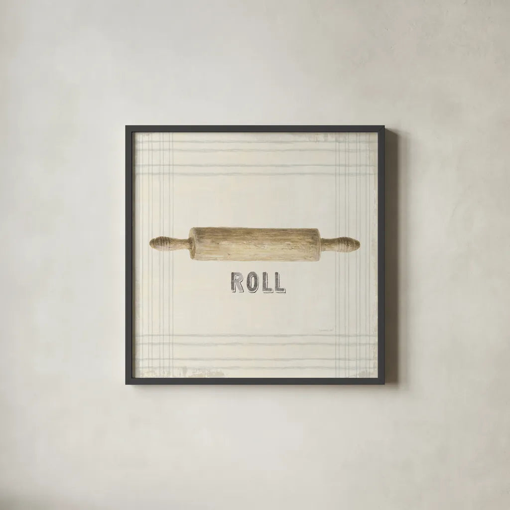 Floursack Kitchen Sign II Neutral Sq by Danhui Nai. Shown in a sleek black glass frame for a contemporary gallery look. Available as an archival giclee rolled canvas, fine art paper, or poster print. SKU 53380a.