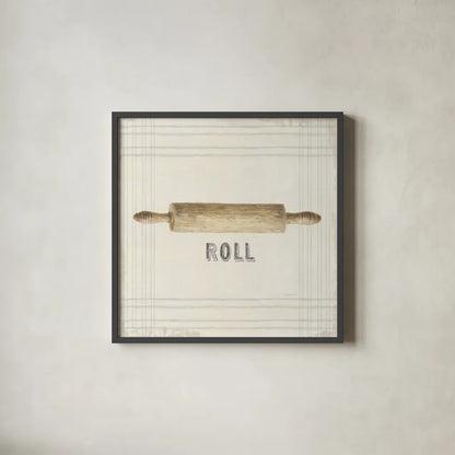 Floursack Kitchen Sign II Neutral Sq by Danhui Nai. Shown in a sleek black glass frame for a contemporary gallery look. Available as an archival giclee rolled canvas, fine art paper, or poster print. SKU 53380a.