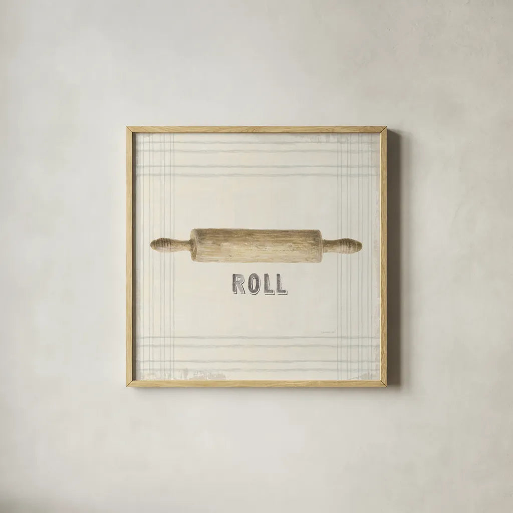 Floursack Kitchen Sign II Neutral Sq by Danhui Nai. Shown in a natural wood glass frame for a timeless modern aesthetic. Available as an archival giclee rolled canvas, fine art paper, or poster print. SKU 53380a.