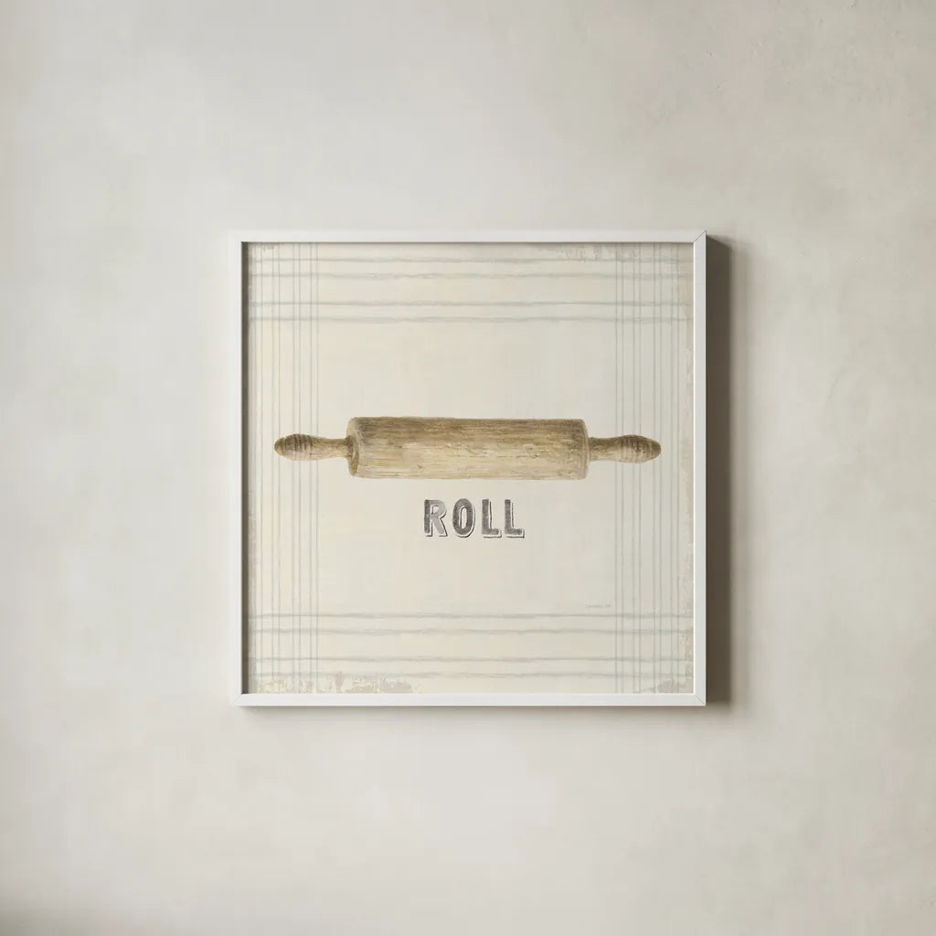 Floursack Kitchen Sign II Neutral Sq by Danhui Nai. Shown in a crisp white glass frame for a clean and minimalist style. Available as an archival giclee rolled canvas, fine art paper, or poster print. SKU 53380a.