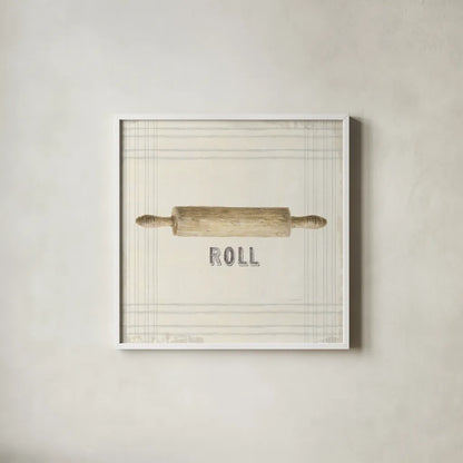 Floursack Kitchen Sign II Neutral Sq by Danhui Nai. Shown in a crisp white glass frame for a clean and minimalist style. Available as an archival giclee rolled canvas, fine art paper, or poster print. SKU 53380a.