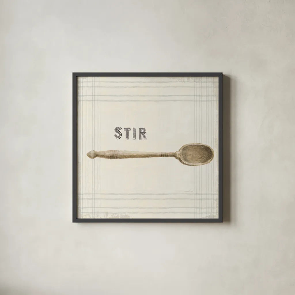 Floursack Kitchen Sign III Neutral Sq by Danhui Nai. Shown in a sleek black glass frame for a contemporary gallery look. Available as an archival giclee rolled canvas, fine art paper, or poster print. SKU 53381a.