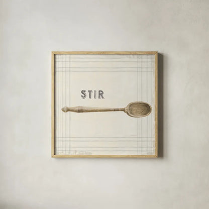 Floursack Kitchen Sign III Neutral Sq by Danhui Nai. Shown in a natural wood glass frame for a timeless modern aesthetic. Available as an archival giclee rolled canvas, fine art paper, or poster print. SKU 53381a.