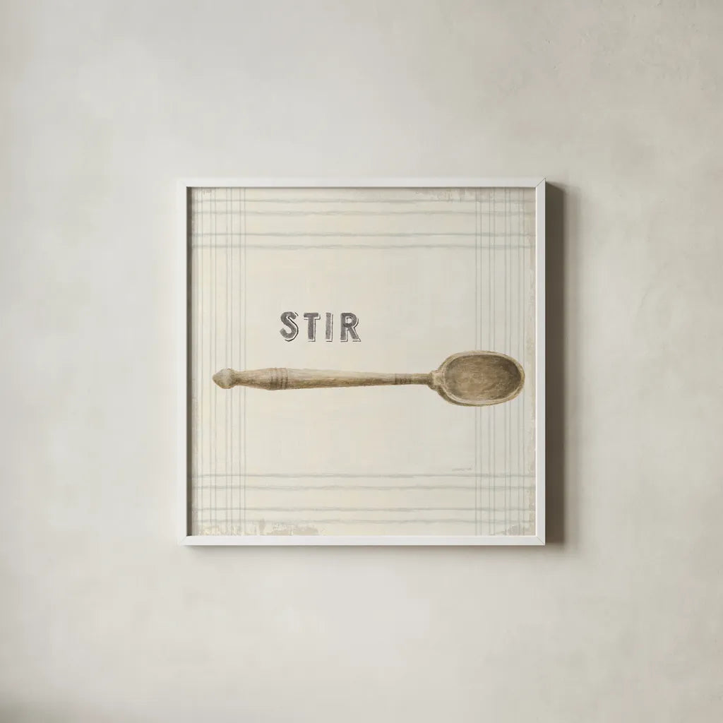 Floursack Kitchen Sign III Neutral Sq by Danhui Nai. Shown in a crisp white glass frame for a clean and minimalist style. Available as an archival giclee rolled canvas, fine art paper, or poster print. SKU 53381a.