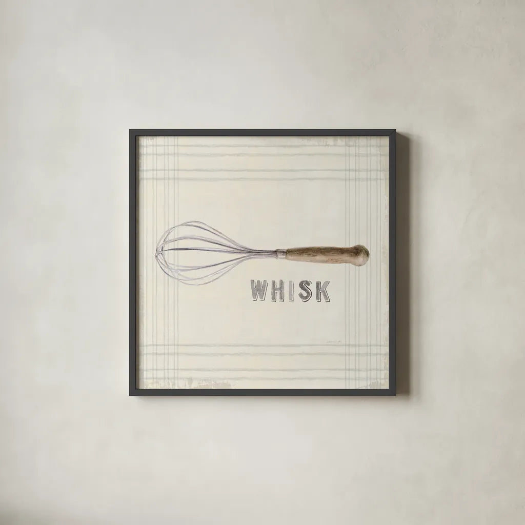 Floursack Kitchen Sign IV Neutral Sq by Danhui Nai. Shown in a sleek black glass frame for a contemporary gallery look. Available as an archival giclee rolled canvas, fine art paper, or poster print. SKU 53382a.