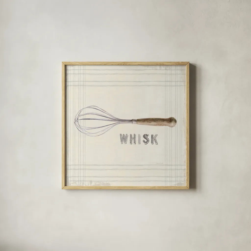Floursack Kitchen Sign IV Neutral Sq by Danhui Nai. Shown in a natural wood glass frame for a timeless modern aesthetic. Available as an archival giclee rolled canvas, fine art paper, or poster print. SKU 53382a.