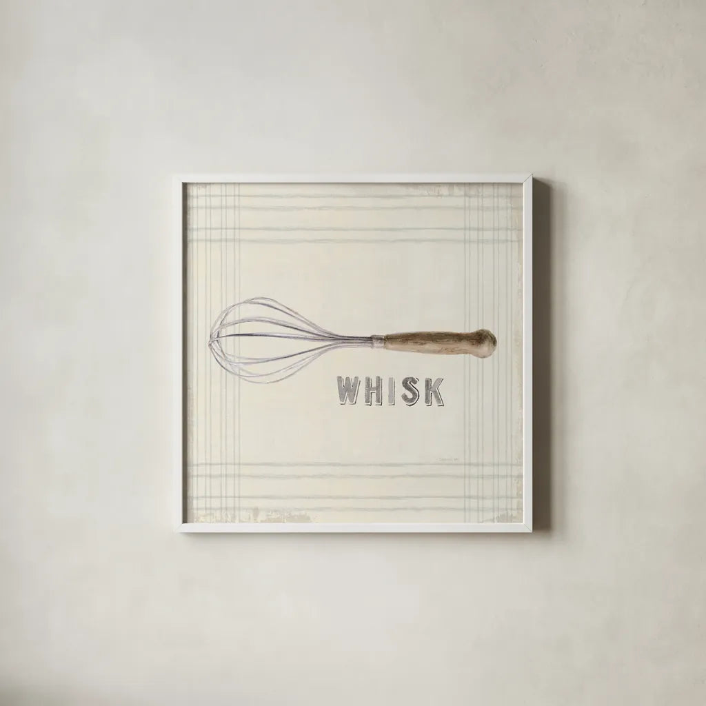 Floursack Kitchen Sign IV Neutral Sq by Danhui Nai. Shown in a crisp white glass frame for a clean and minimalist style. Available as an archival giclee rolled canvas, fine art paper, or poster print. SKU 53382a.