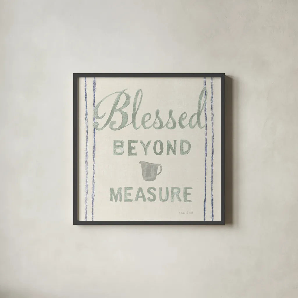 Floursack Kitchen VI Sea Foam by Danhui Nai. Shown in a sleek black glass frame for a contemporary gallery look. Available as an archival giclee rolled canvas, fine art paper, or poster print. SKU 46220a.