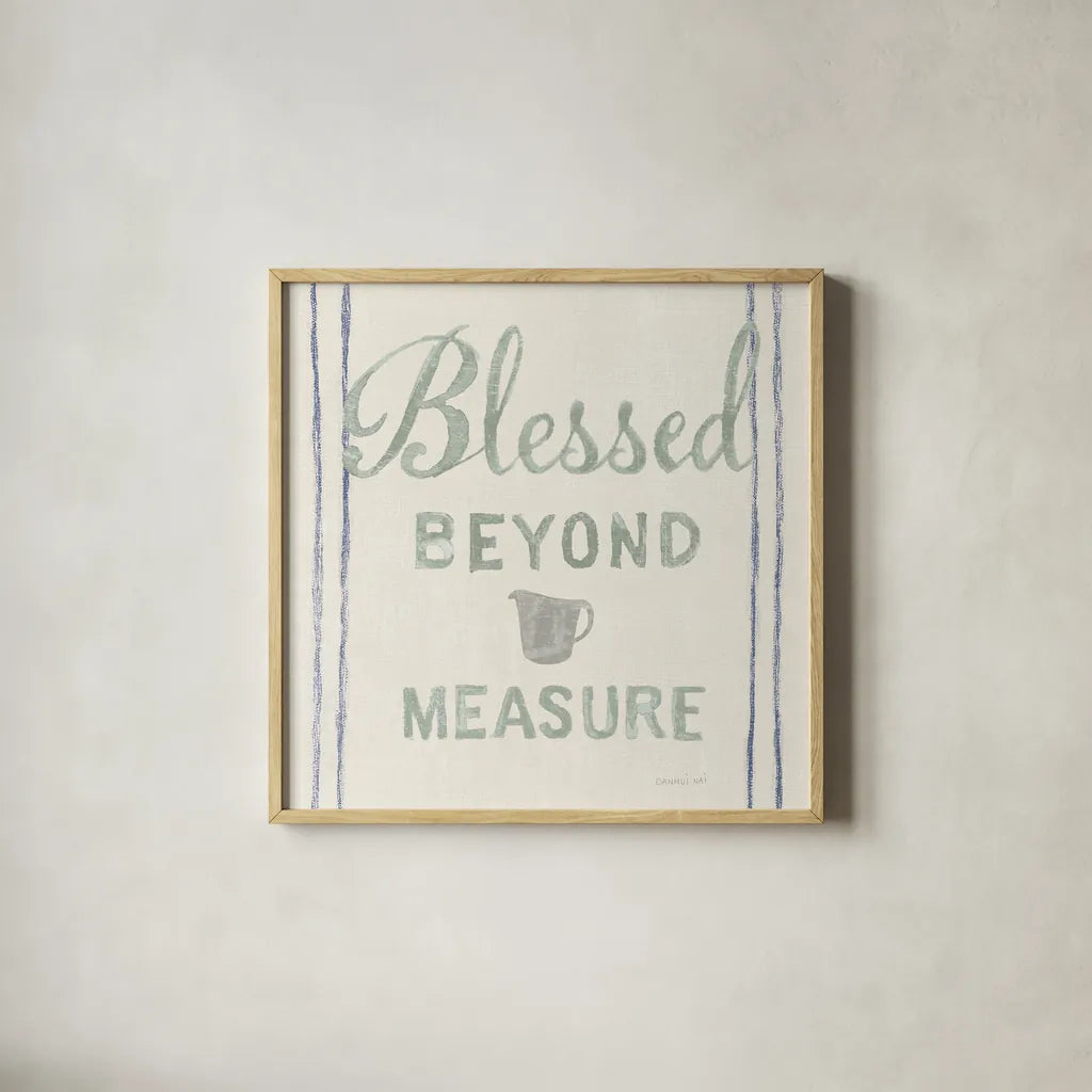 Floursack Kitchen VI Sea Foam by Danhui Nai. Shown in a natural wood glass frame for a timeless modern aesthetic. Available as an archival giclee rolled canvas, fine art paper, or poster print. SKU 46220a.