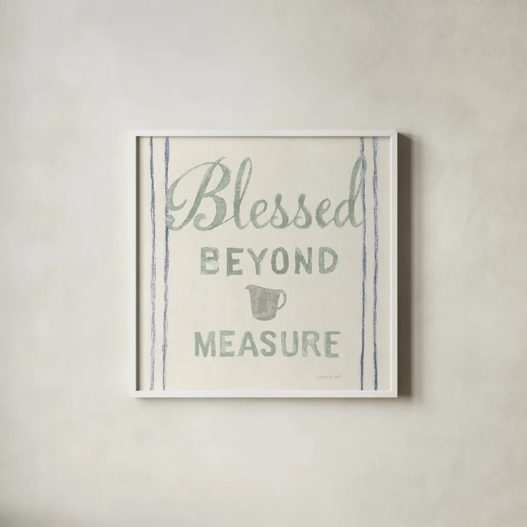 Floursack Kitchen VI Sea Foam by Danhui Nai. Shown in a crisp white glass frame for a clean and minimalist style. Available as an archival giclee rolled canvas, fine art paper, or poster print. SKU 46220a.