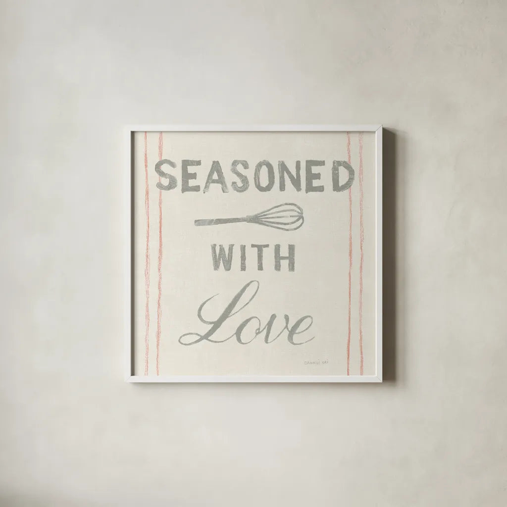 Floursack Kitchen VII by Danhui Nai. Shown in a crisp white glass frame for a clean and minimalist style. Available as an archival giclee rolled canvas, fine art paper, or poster print. SKU 43498a.