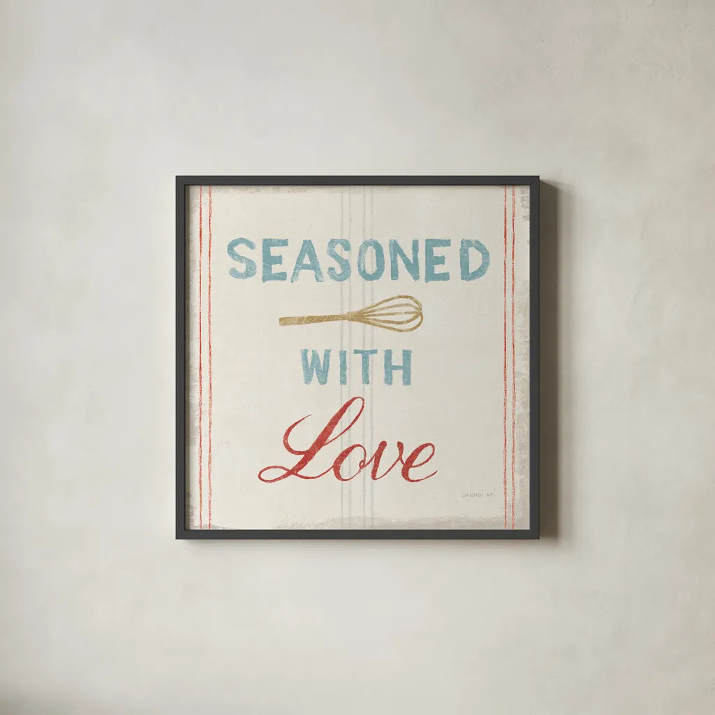 Floursack Kitchen VII Bold by Danhui Nai. Shown in a sleek black glass frame for a contemporary gallery look. Available as an archival giclee rolled canvas, fine art paper, or poster print. SKU 53268a.