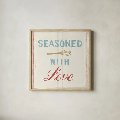 Floursack Kitchen VII Bold by Danhui Nai. Shown in a natural wood glass frame for a timeless modern aesthetic. Available as an archival giclee rolled canvas, fine art paper, or poster print. SKU 53268a.