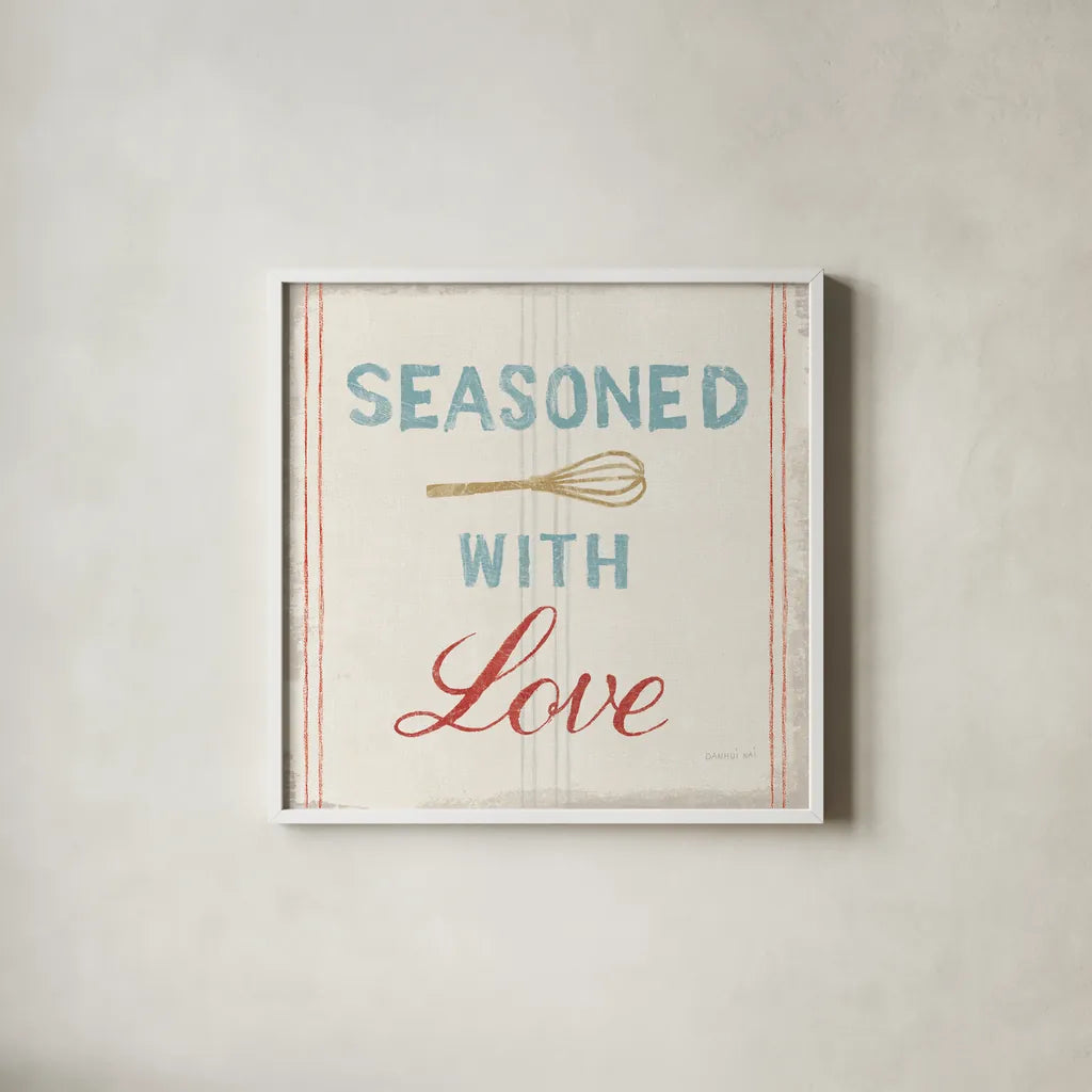 Floursack Kitchen VII Bold by Danhui Nai. Shown in a crisp white glass frame for a clean and minimalist style. Available as an archival giclee rolled canvas, fine art paper, or poster print. SKU 53268a.