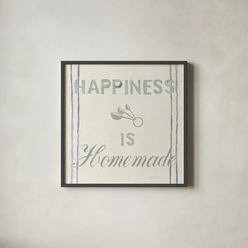 Floursack Kitchen VIII Sea Foam by Danhui Nai. Shown in a sleek black glass frame for a contemporary gallery look. Available as an archival giclee rolled canvas, fine art paper, or poster print. SKU 46221a.