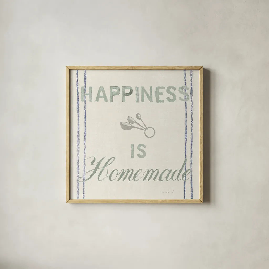 Floursack Kitchen VIII Sea Foam by Danhui Nai. Shown in a natural wood glass frame for a timeless modern aesthetic. Available as an archival giclee rolled canvas, fine art paper, or poster print. SKU 46221a.