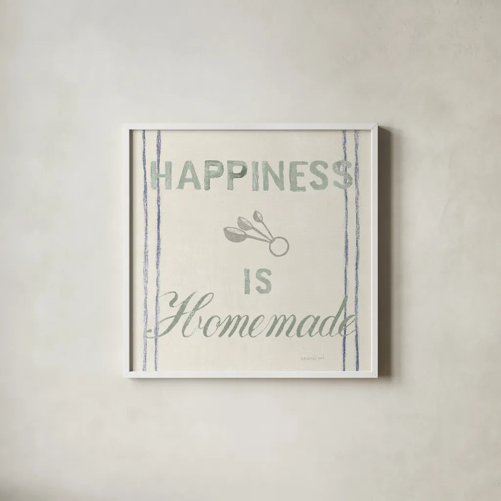 Floursack Kitchen VIII Sea Foam by Danhui Nai. Shown in a crisp white glass frame for a clean and minimalist style. Available as an archival giclee rolled canvas, fine art paper, or poster print. SKU 46221a.